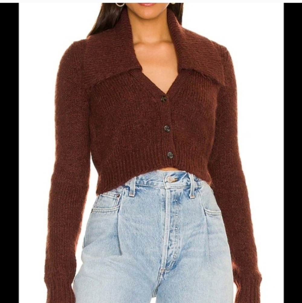 Pistola Brown Oversized Collar Large Knir Button Up Layer Cropped Cardigan